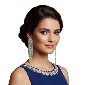Shimmering Silver Rhinestone Fringe Tassel Earrings – Long Waterfall Statement